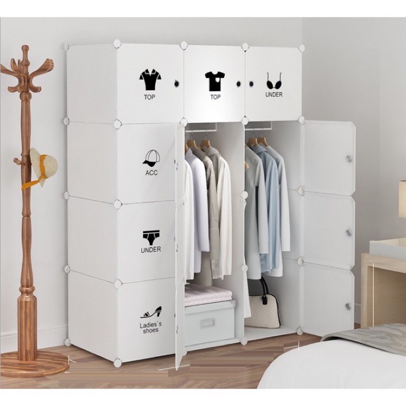 Tủ nhựa ghép 12 ô full màu trắng, decal quần áo, 2 treo, size to sâu 47