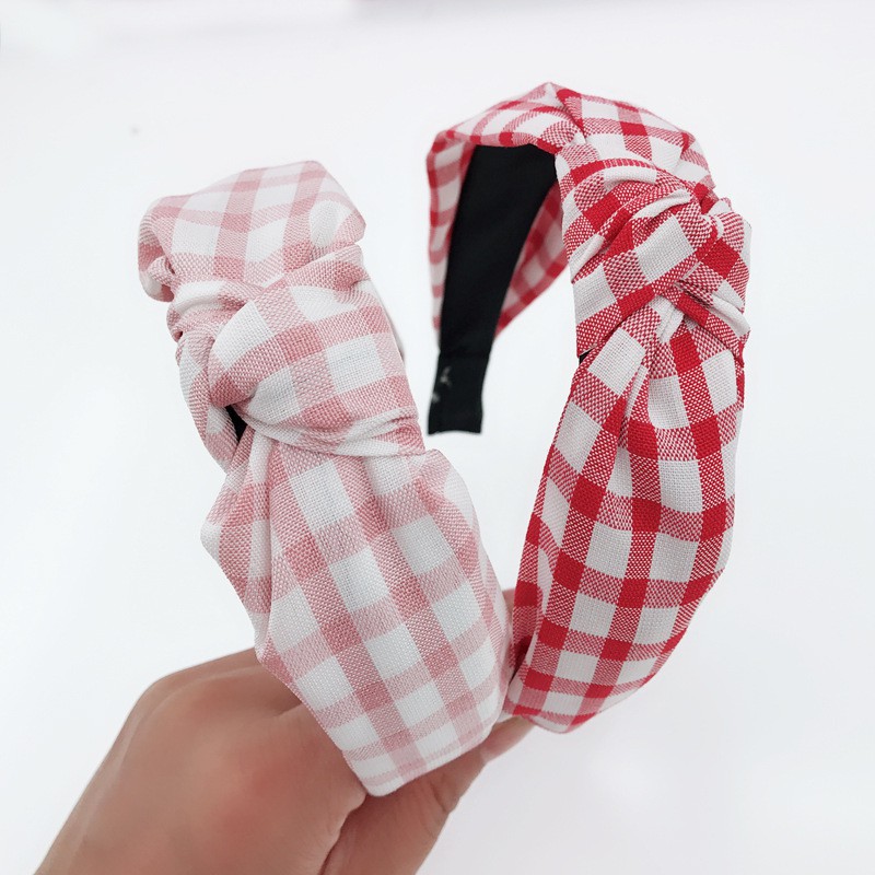 Băng đô vải bản rộng thắt nút họa tiết sọc caro phong cách Hàn Quốc thời trang dành cho nữ