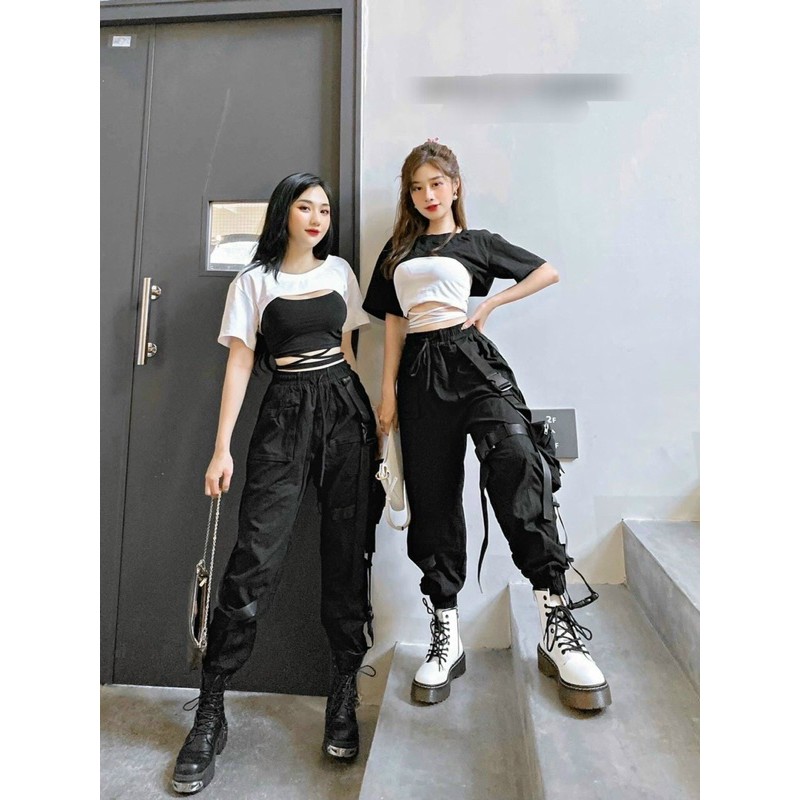Set áo croptop+áo 2 dây buộc eo cực xinh [HOT NHẤT] chất cotton siêu xịn