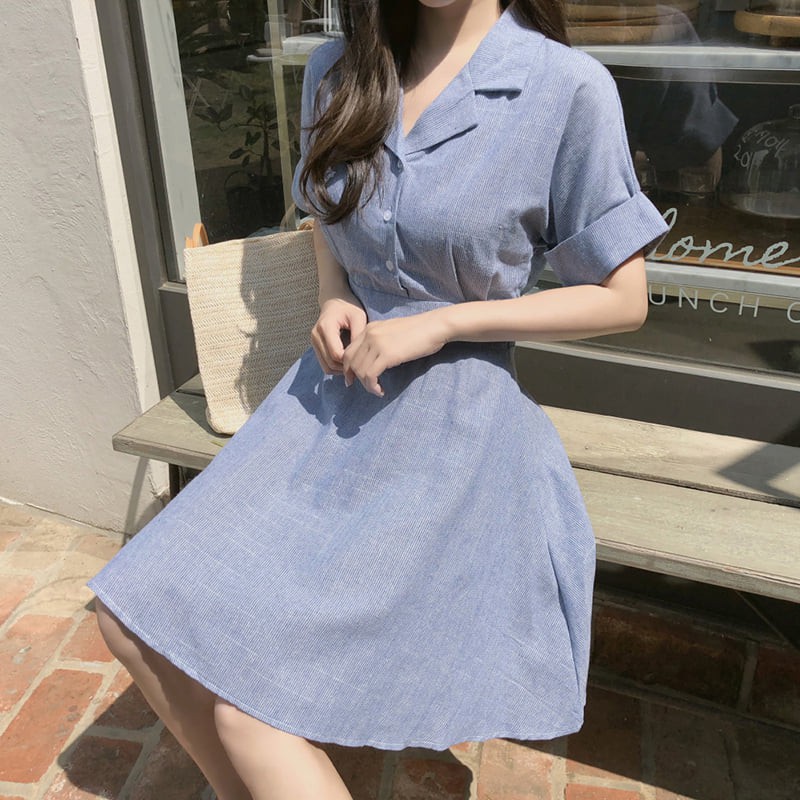 Đầm sơ mi sọc xanh linen