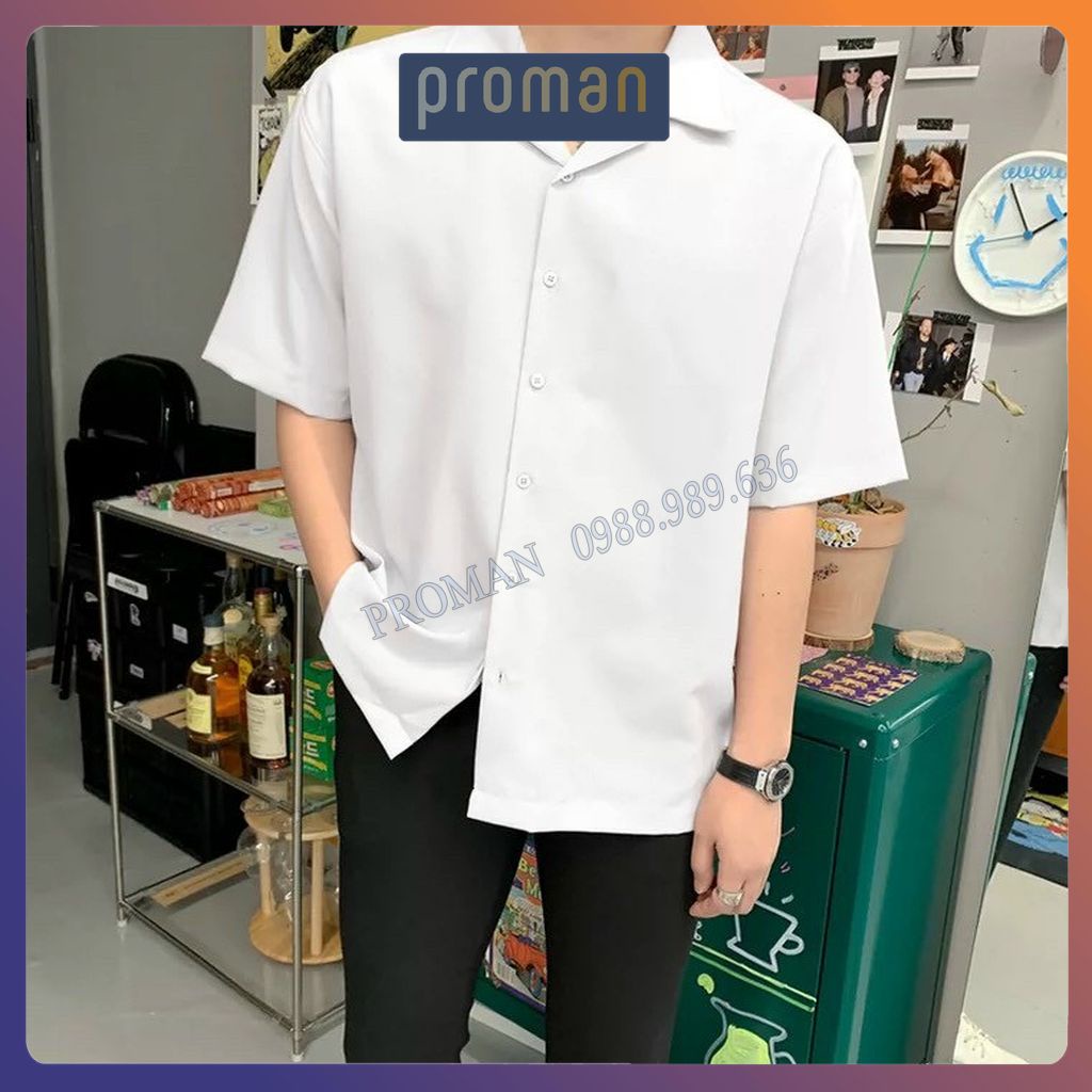 Áo Sơ Mi Đen Trắng Cổ Vest ngắn tay form rộng unisex nam nữ vải lụa siêu mát lạnh SM01- MS66