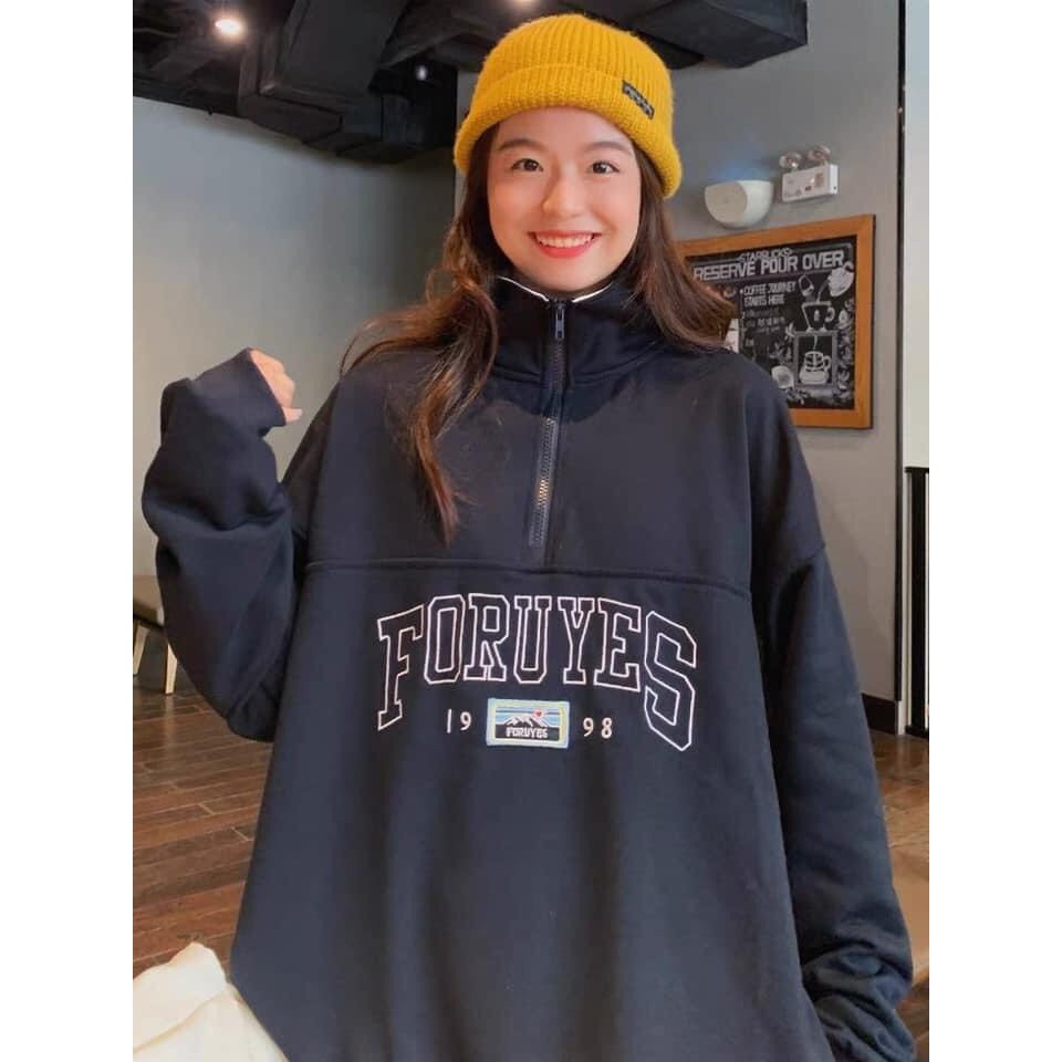 Áo Nỉ PoLo Khoá Cổ Áo Nỉ Nữ Sweater Xanh Than Cao Cổ Dài Tay Bồng Form Rộng Cá Tính Ulzzang | BigBuy360 - bigbuy360.vn