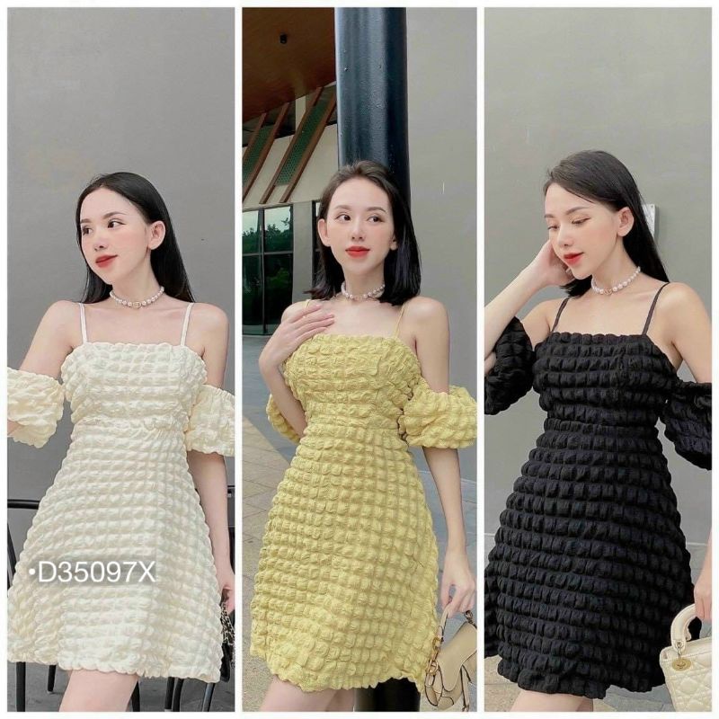 Đầm 2 Dây Babydoll Ulzzang Váy Xốp Trễ Vai Form Rộng Tay Bồng Tiểu Thư D35097X