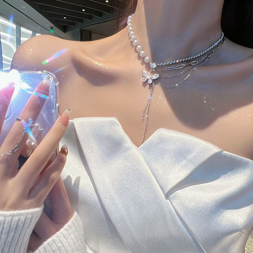 QQMALL Vòng cổ Mặt Hình Bướm Đính Đá Phong Cách Hip Hop Thanh Lịch Cho Nữ
