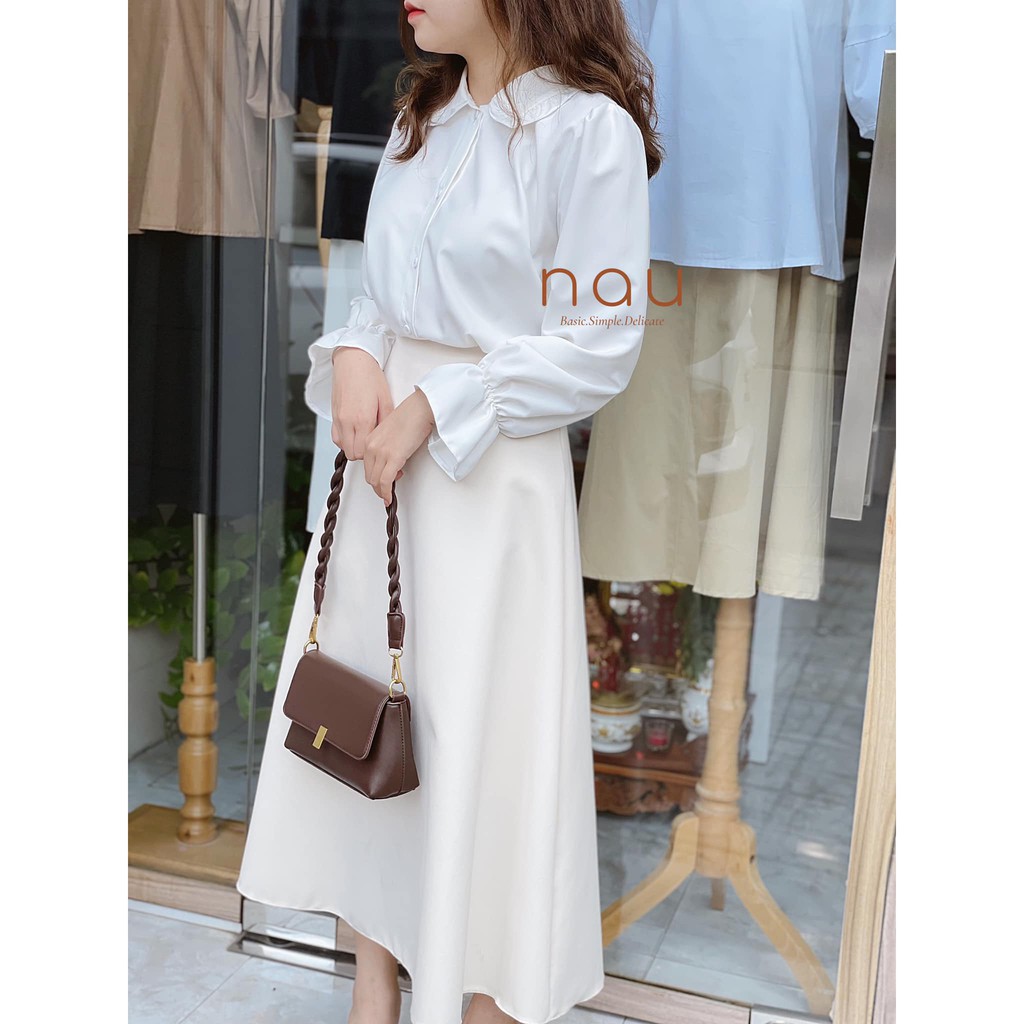 Set áo cổ bèo tay dài mix chan váy midi xoè sang chảnh