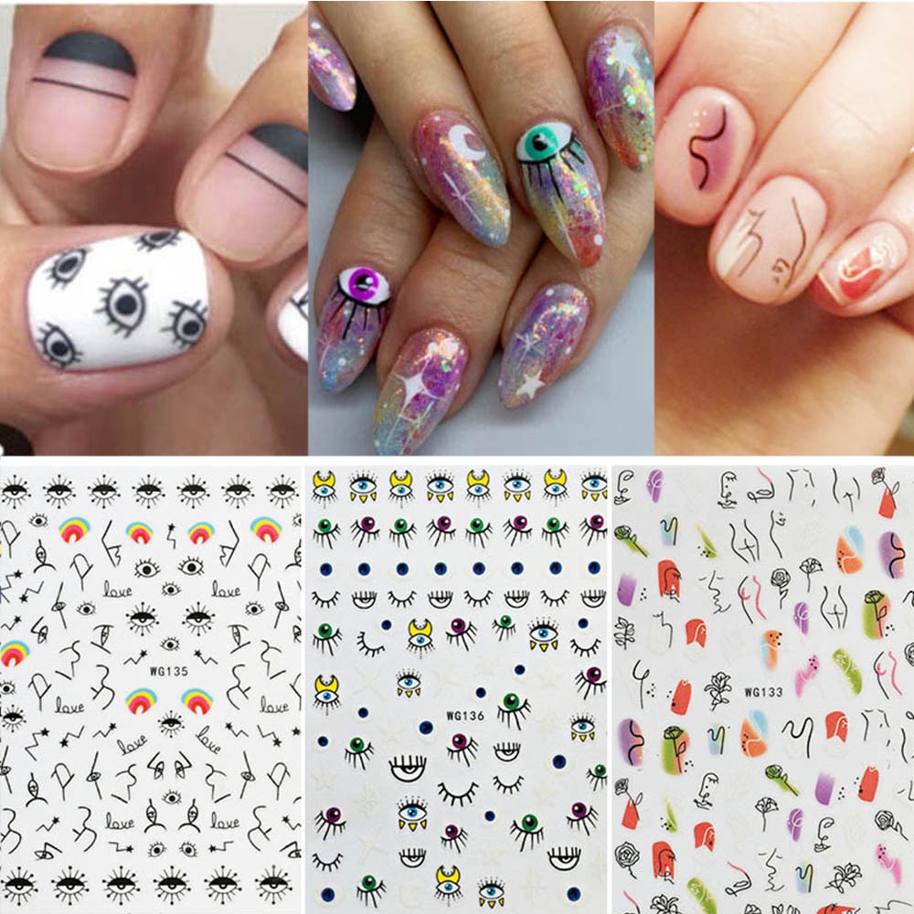 [Hàng mới về] Set 1/ 4 tờ hình dán móng tay họa tiết mắt 3D nhiều màu sắc thời trang
