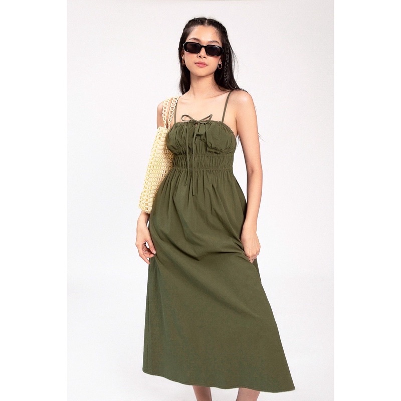 Đầm hai dây xanh rêu Libe