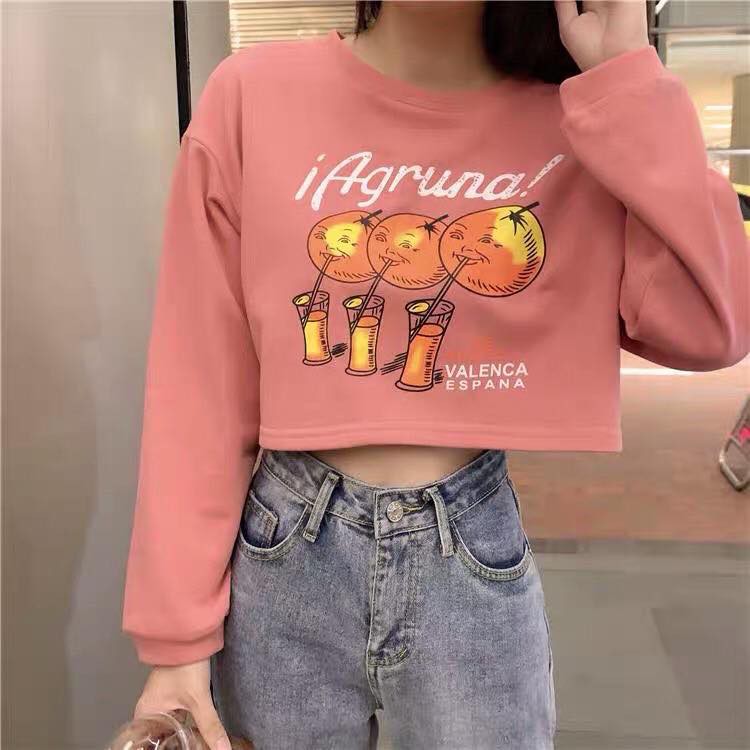 Áo thun croptop tay dài màu hồng xanh họa tiết cực yêu