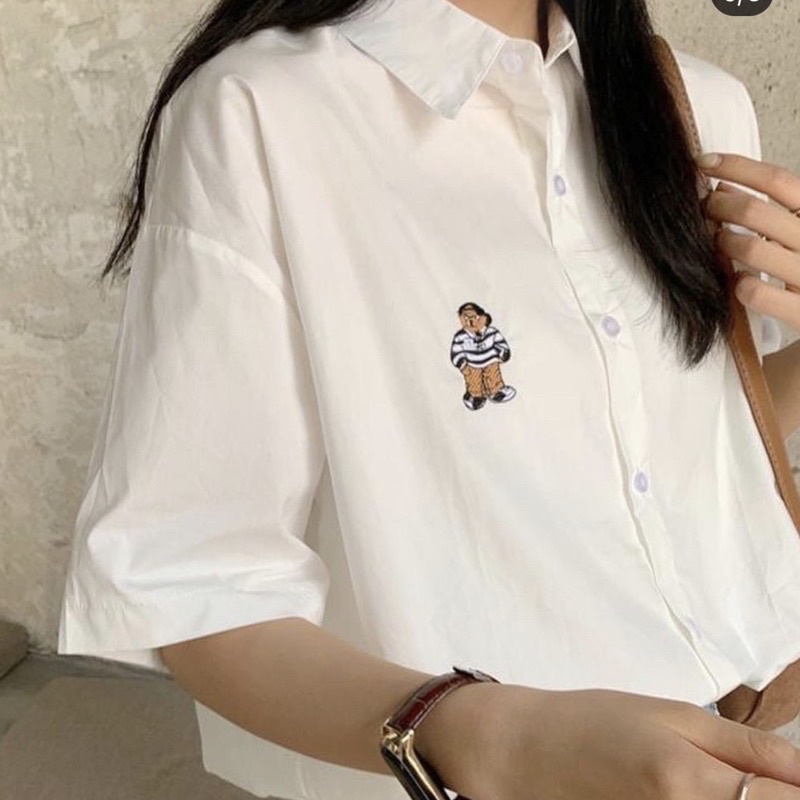 ÁO SƠ MI CỘC TAY THÊU GẤU