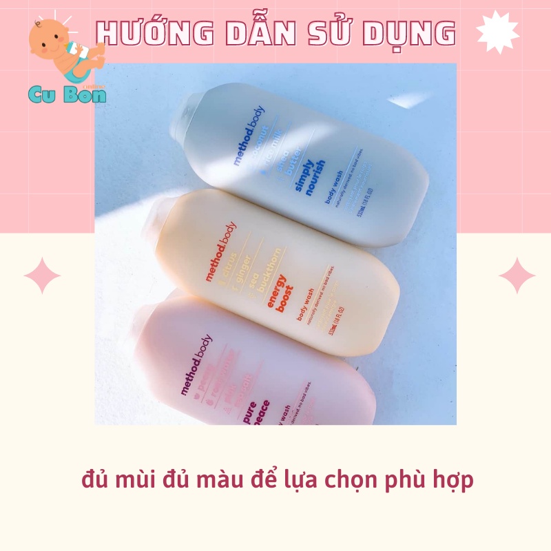 Sữa tắm nước hoa trắng trắng da Method Body Úc 535ml dưỡng ẩm tự nhiên mang lại cảm giác thoải mái khi sử dụng đủ loại