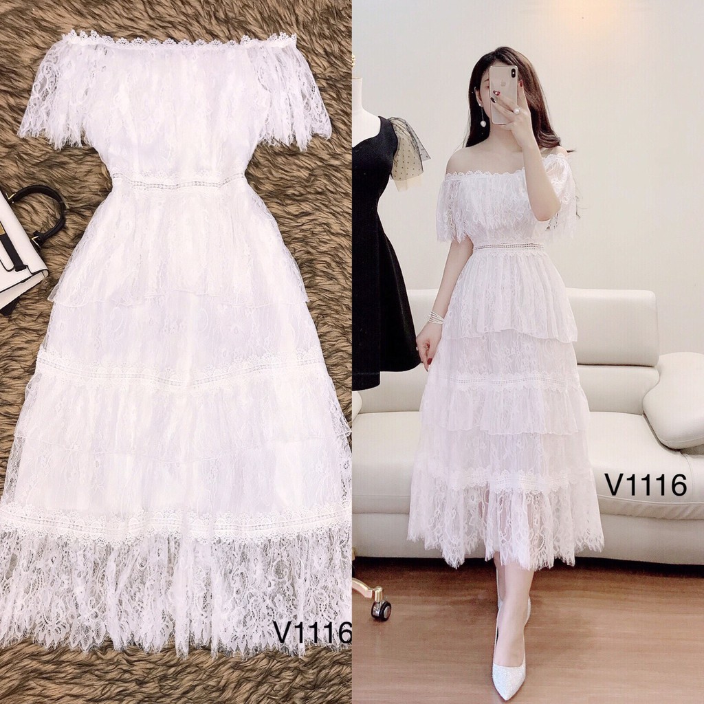 [ xả kho ] MiD Đầm ren trắng trễ vai 3 tầng V1116 Mie Design ảnh thật