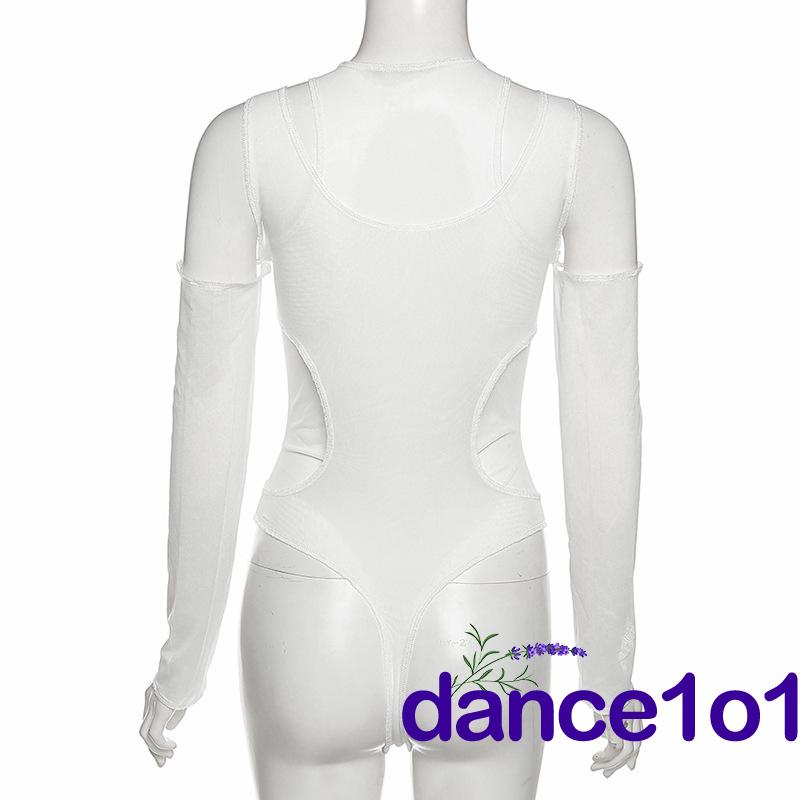 ✦UU❃Women´s Pure Color Hollow Out Patchwork Round Neck Skinny Bodysuit