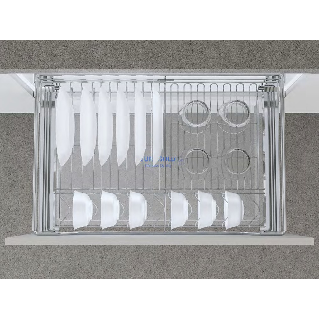 EUROGOLD - Giá xoong nồi/bát đĩa inox nan âm tủ, gắn cánh, ray giảm chấn EG61/EG62