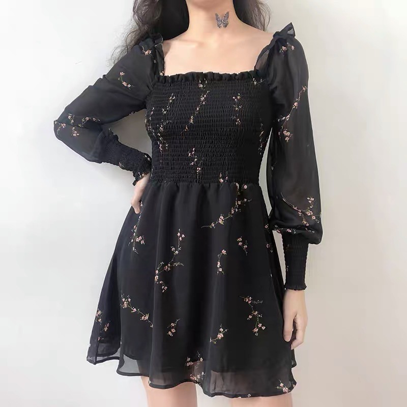 ORDER🎀Váy bánh bèo voan hoa nhí trễ vai ôm ngực 2 lớp hot trend|Đầm xoè ulzzang tay phồng Hàn Quốc dự tiệc du lịch