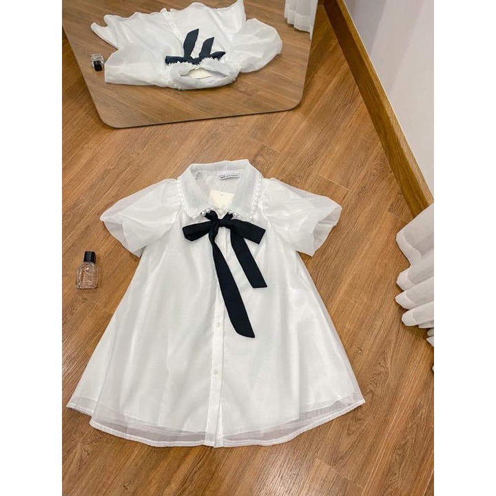 Áo babydoll voan tay bồng nơ đen, Sơ mi kiểu nữ tiểu thư cộc tay đẹp