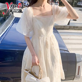 Đầm Hàn Quốc Chính Hãng S ~ XL Tay Phồng Một Mảnh Đầm Người Nổi Tiếng Pháp Tay Phồng Trắng Cổ Vuông Đầm Giữa Chiều Dài