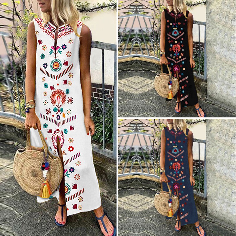 Đầm sát nách ZANZEA dáng dài size lớn in họa tiết dân tộc Boho | BigBuy360 - bigbuy360.vn