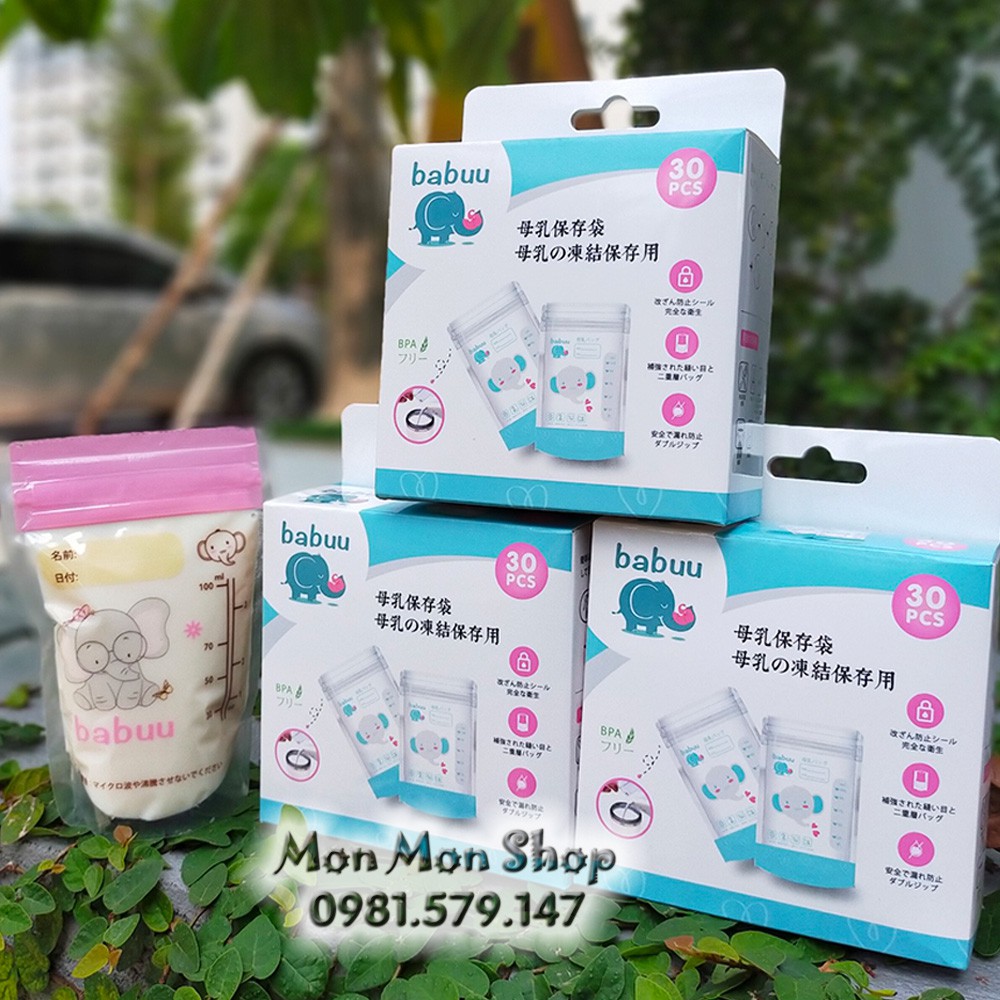 Hộp 30 túi trữ sữa/ đựng sữa mẹ Babuu 100ml Nhật Bản họa tiết con voi màu hồng
