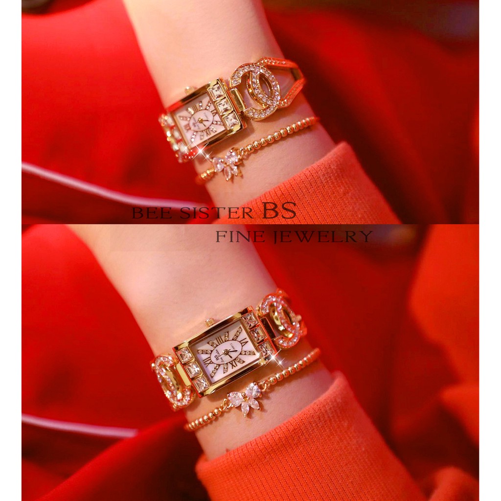 Đồng hồ nữ mặt vuông, đồng hồ nữ chính hãng BEE SISTER dây đeo thép siêu sang, cao cấp, đính đá lấp lánh