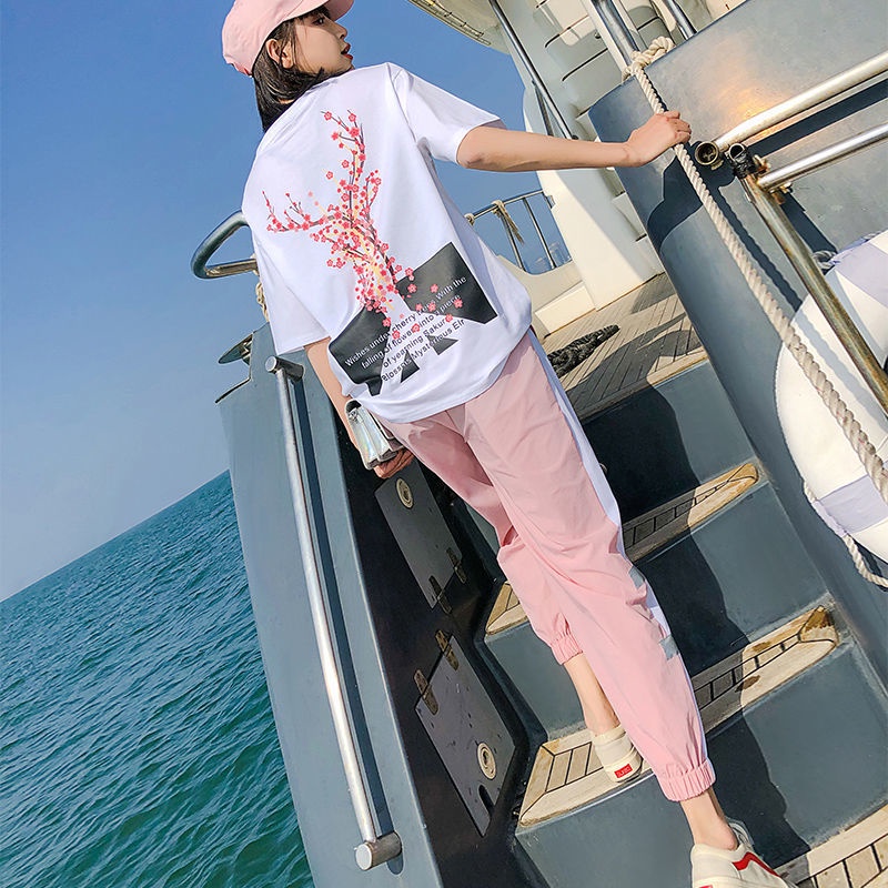 Set Đồ Thể Thao Gồm Áo Tay Ngắn Dáng Rộng + Quần Dài Có Size Lớn 100kg Dành Cho Nữ