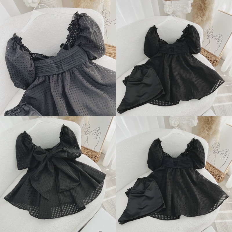 Set áo babydoll bbd kẻ ô tay bồng nơ lưng với quần ngắn
