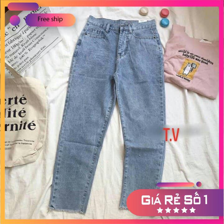 Quần bò nữ ♥️FREESHIP♥ quần suông cắt rua gấu.