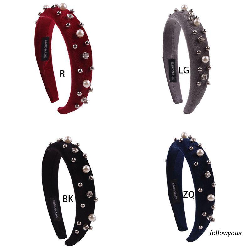 Băng đô cài tóc bản rộng đính đá và ngọc trai nhân tạo thời trang cho nữ