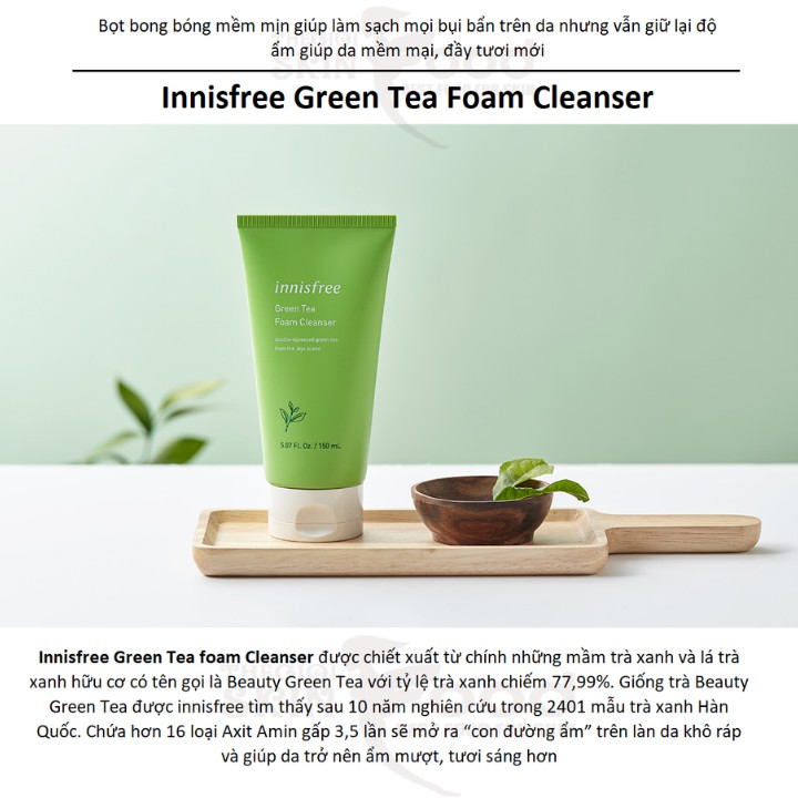 Sữa rửa mặt Innisfree trà xanh (Green tea cleansing foam) 150ml, dành cho da dầu,da mụn,làm sạch sâu,dưỡng ẩm (Hàn Quốc) | BigBuy360 - bigbuy360.vn
