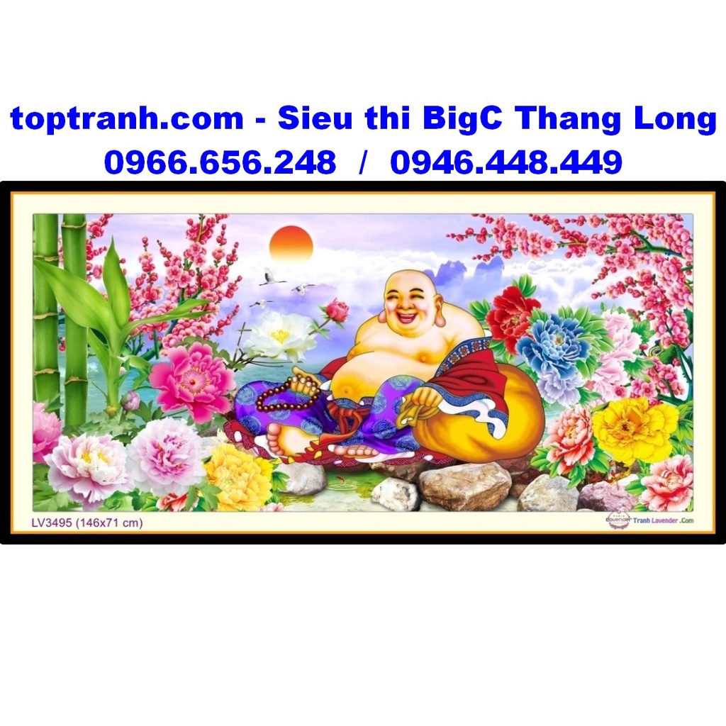 Tranh thêu chữ thập Phật di lặc và hoa mẫu đơn trúc đào LV3495 chưa thêu