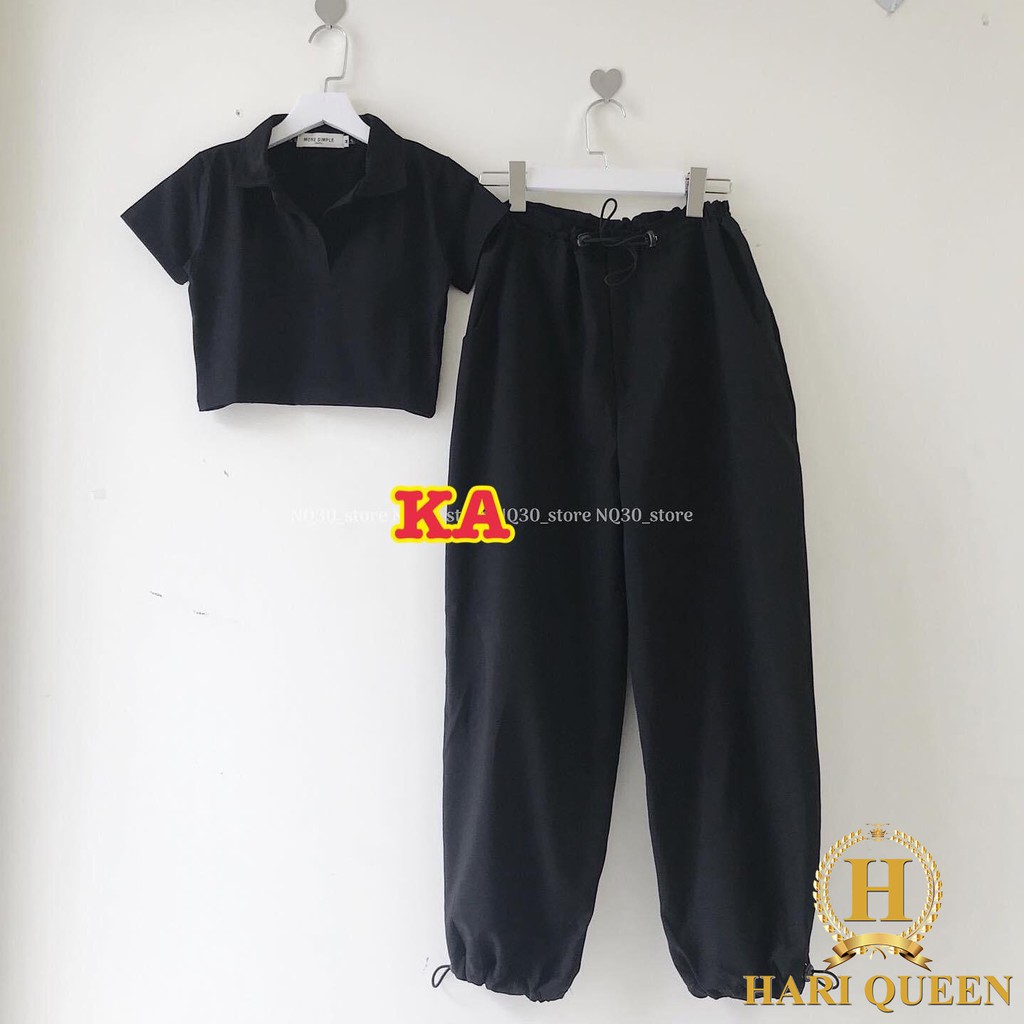 FREE SHIP ĐƠN TỪ 50K Sét áo croptop polo trơn + quần rút eo KAN0620 1