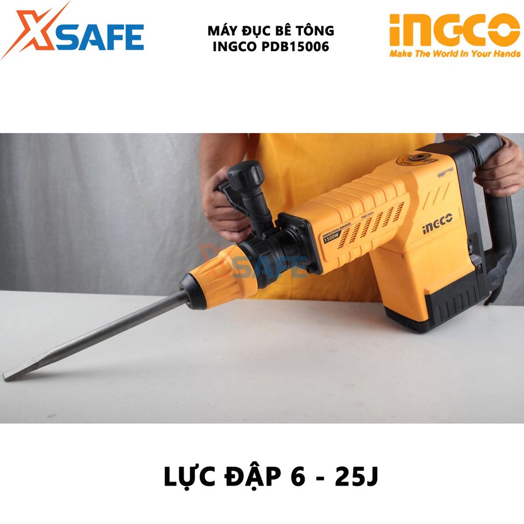 Máy đục bê tông INGCO PDB15006 công suất 1500W, tốc độ đập 1000-1900 lần/phút, có chế độ chống rung và khóa mũi đục