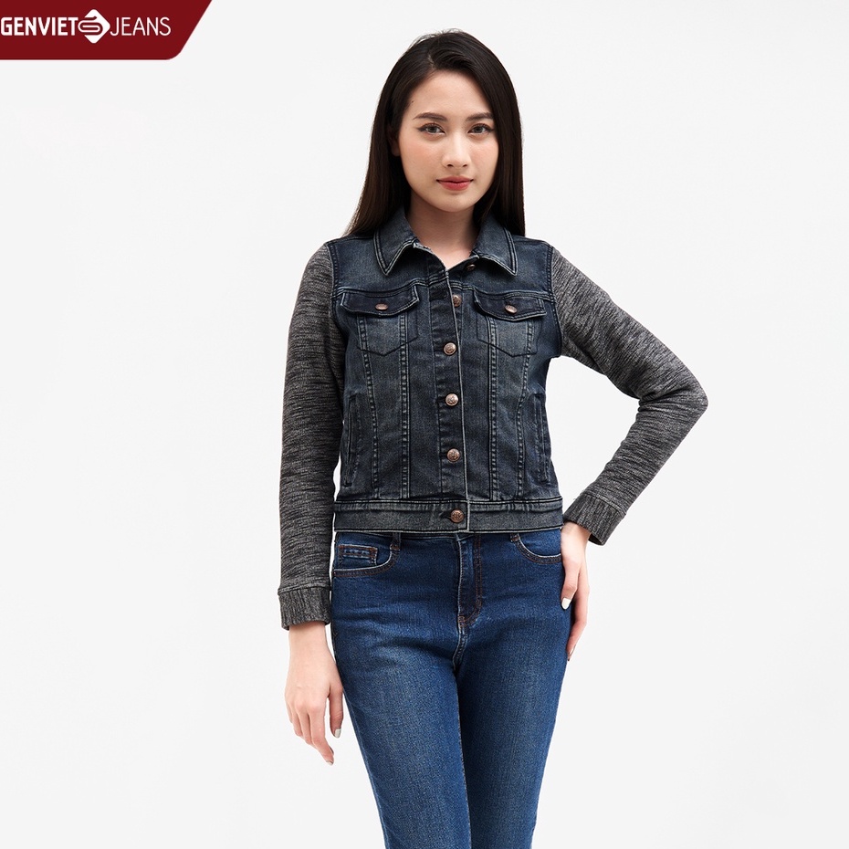 [Mã FATOP12 giảm 30K đơn 150K] Áo Khoác Jeans Genviet Nữ Túi Hộp Chất Bò Jean Phối Tay Nỉ TK121J2084