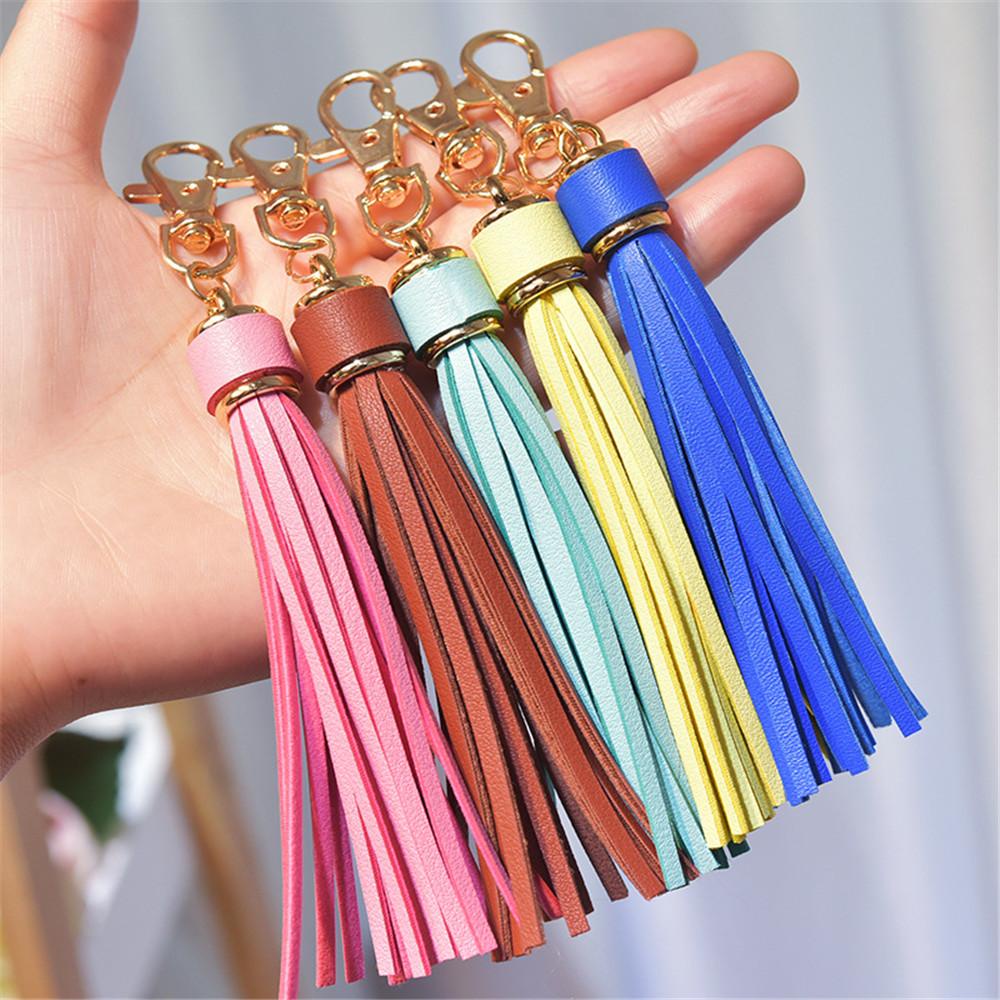 Móc Khóa Da Pu Màu Cầu Vồng Tua Rua Dễ Thương Giá Đỡ