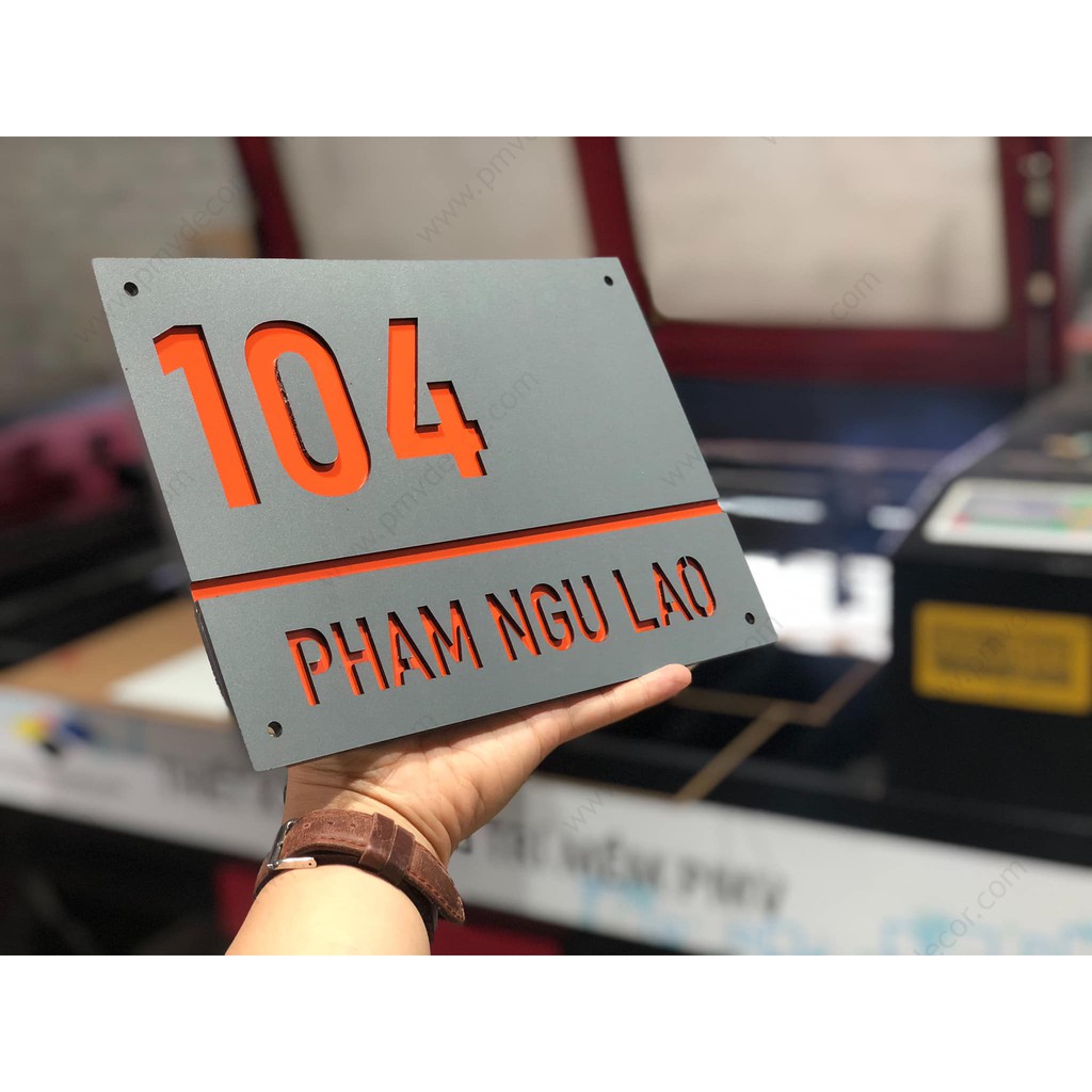 BẢNG, BIỂN SỐ NHÀ. Alcorest cam + Mica ghi sần, số chìm, ngoài trời. BSN-PMV58