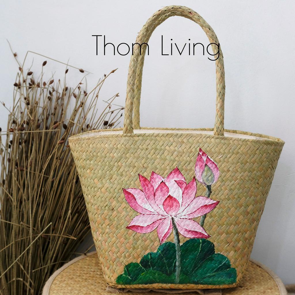 Giỏ xách oval size trung cỏ bàng quai ống bàng đi biển đi chơi