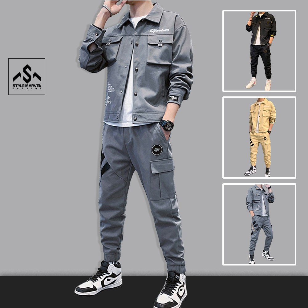 Bộ đồ nam kaki dài tay cổ bẻ túi hộp kết hợp quần jogger sọc bo gấu cá tính STYLE MARVEN SET NAM 90000124