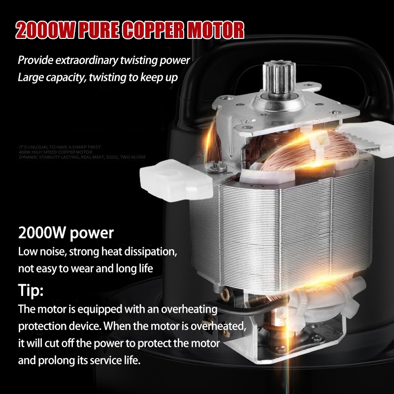 2000w 2 bánh răng máy xay thịt điện 6l máy xay thịt nhà bếp máy xay rau củ tỏi bằng thép không gỉ máy trộn thực phẩm cho bé