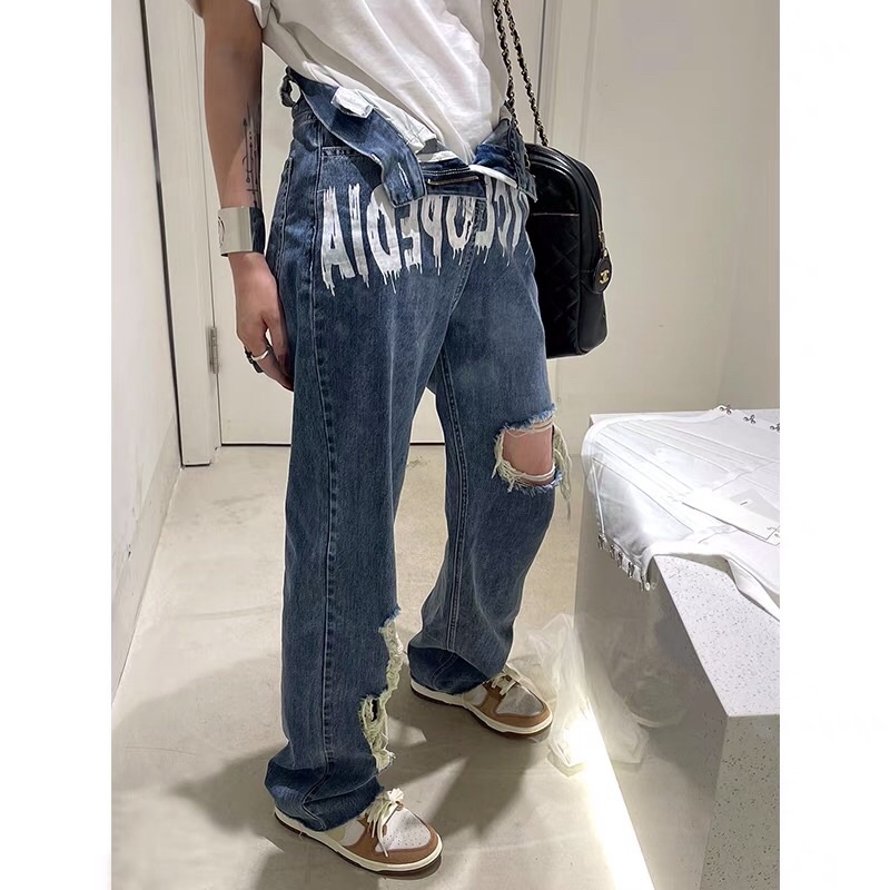 Quần bò jeans ống rộng rách gối in chữ cách điệu Ulzzang siêu chất ❤️