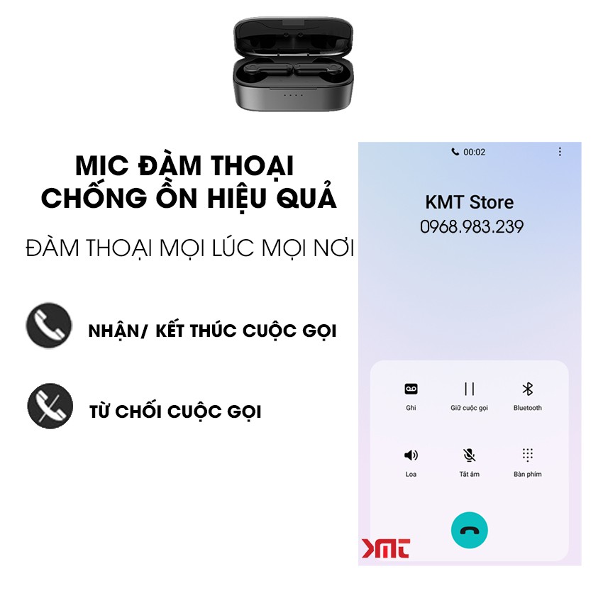 Tai nghe bluetooth không dây 5.0 gaming đàm thoại mini chống nước IPX5 hiển thị led số phần trăm pin TNBT11 KMT Store