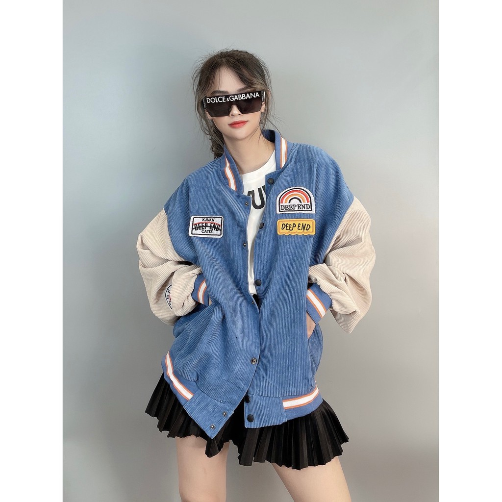 Áo Khoác Kaki Nhung Gân Hàng Quảng Châu Logo Thêu Nổi Bomber Jackets Kaki Form Rộng Unisex CẦU VÒNG - BB size 40-65kg