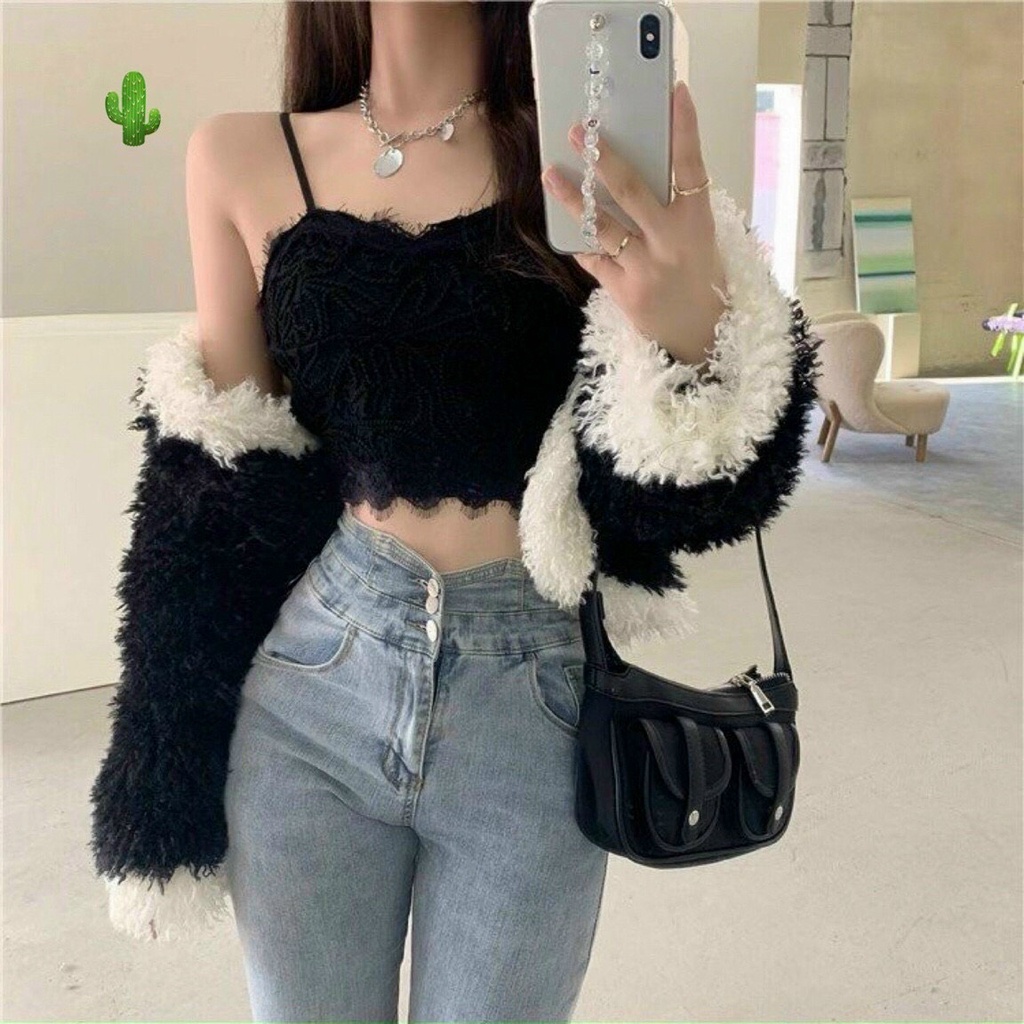 Áo 2 dây viền ren croptop quảng châu cực xinh , chất ren mềm kèm mút ngực