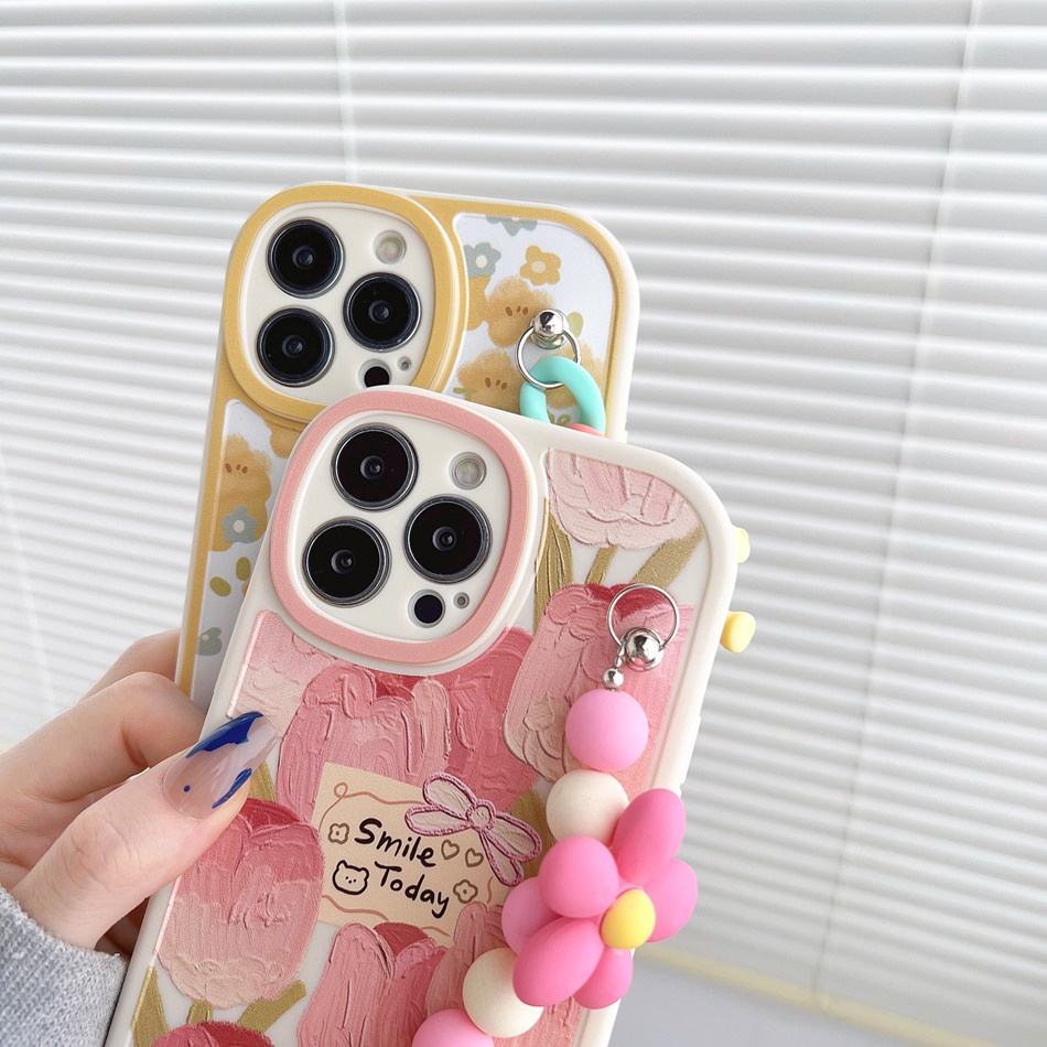 Hộp đựng dây chuyền samsung galaxy a22 a21s a20s s23 s22 plus ultra s21 s20 fe bear flower chain case điện thoại tpu mềm vỏ bảo vệ ống kính hình bầu dục hoa
