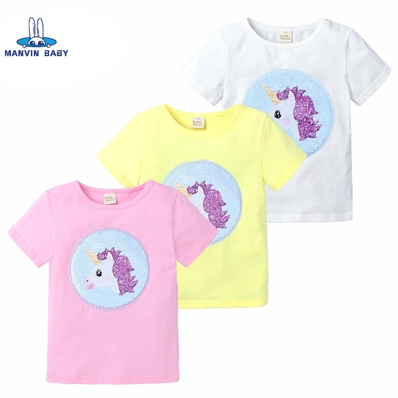 Áo thun MANVIN BABY tay ngắn in hình kỳ lân đính sequin lấp lánh thời trang mùa hè