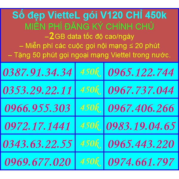 Sim Đẹp Viettel GIÁ 450k GÓI khủng V120 Miễn phí GỌI + Data tốc độ cao - HỖ TRỢ ĐĂNG KÝ CHÍNH CHỦ ( xem chi tiết Sp)