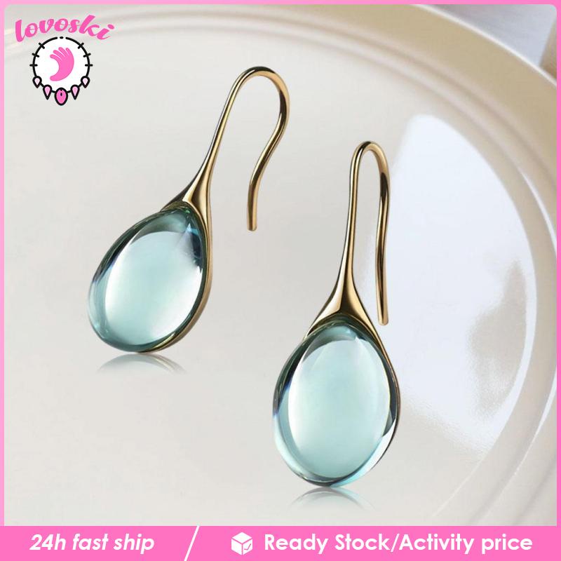 Khuyên tai dạng móc hình giọt nước đính đá tự nhiên màu tím cho nữ