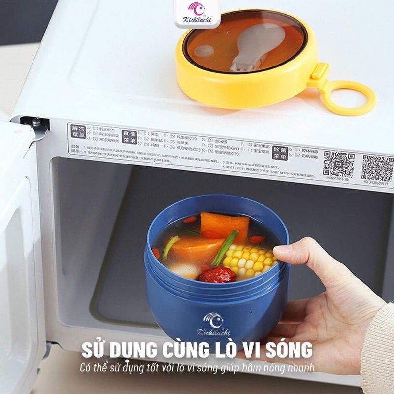 Cặp lồng giữ nhiệt , ủ cháo cho bé Kichi , dung tích 600ml tặng kèm muỗng chất liệu an toàn, tiện lợi