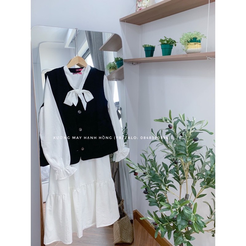 Váy trắng dài cổ nơ trắng 2 tầng, váy babydoll trắng | BigBuy360 - bigbuy360.vn