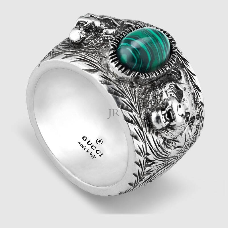 Nhẫn GUCCI Bạc Sterling Hình Đầu Hổ & Xanh Lá
