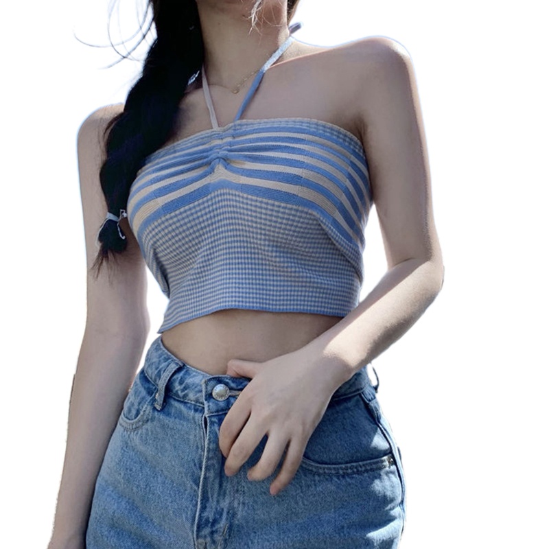 Youyo Áo Croptop Dệt Kim Trễ Vai Không Tay Dáng Ôm Họa Tiết Kẻ Sọc Phối Dây Rút Gợi Cảm Cho Nữ