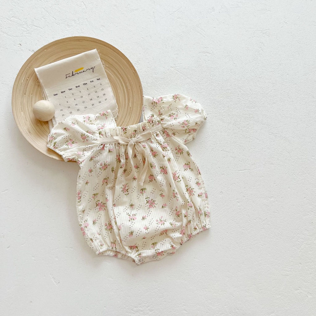 Bộ Áo Liền Quần Tay Phồng Đính Nơ Họa Tiết Hoa Thời Trang Mùa Hè Xinh Xắn Cho Bé Gái